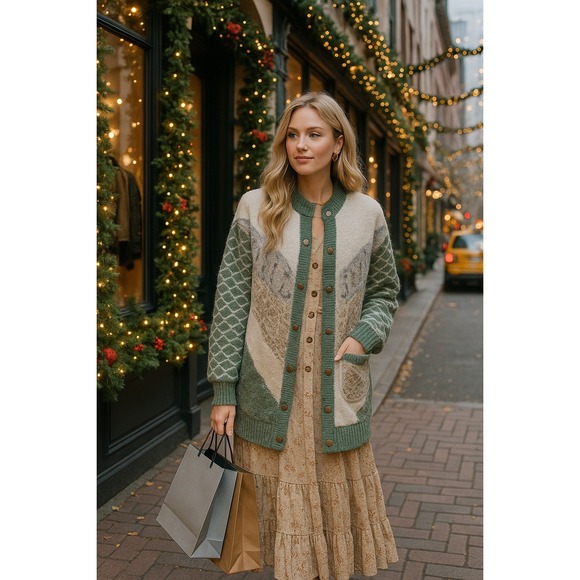 Sweaters - Boho Cottagecore Chunky Fuzzy Green White Sparkle Knitted Cardigan Jacket Snaps